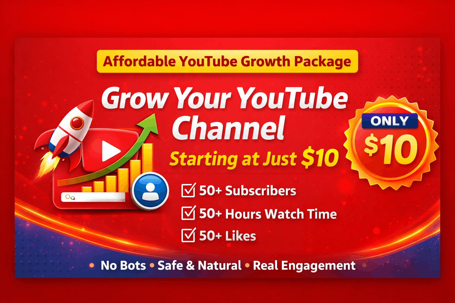 Get up to 50+ subscribers, 50 hours watch time, and 50+ 1 Video likes